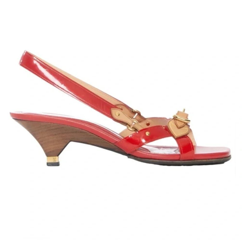 Louis Vuitton Patent Leather Red Slingback Sandals with Gold Accents - Picture 1 of 8